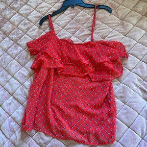 Red Floral Women Shirt Top S, Shoulder Ruffle Casual Summer